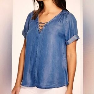 LUCKY BRAND Chambray Denim‎ Blue Lace-Up Blouse Women’s Plus Size 1X